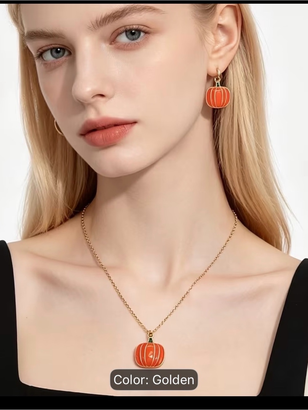 Pumpkin Pendant With Gold Necklace and Earring Set